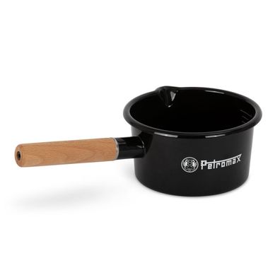 Petromax Emaille Stieltopf schwarz 1 Liter mit Holzgriff für Feuerstellen und Herd