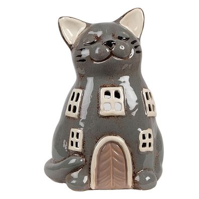 Clayre & Eef Teelichthalter Katze 15x12x21 cm Grau Keramik (Gr. 15x12x21 cm)