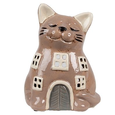 Clayre & Eef Teelichthalter Katze 14x12x18 cm Braun Keramik (Gr. 14x12x18 cm)