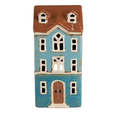 Clayre & Eef Teelichthalter Haus 11x9x22 cm Blau Braun Keramik (Gr. 11x9x22 cm)