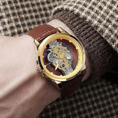 Gold Skeleton Waterproof Leather Custom Watch Men Luxury Orologio Uomo Relojes De Cua