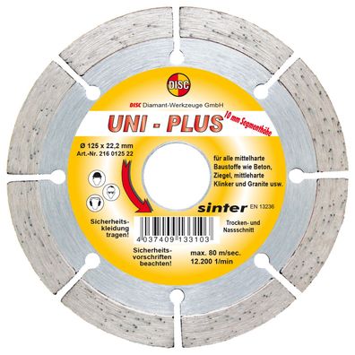 Disc Dia Scheibe Uni Plus Bau für Trocken und Nassschnitt 125x22.2 mm