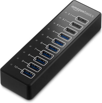 Amazon Basics - USB-Hub, USB-A 3.1 Hub mit 10 Anschlüssen und Netzadapter - 65 W