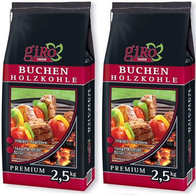 giRo Grillkohle Holzkohle Premium Qualität Buchen Holzkohle 2x 2.5kg