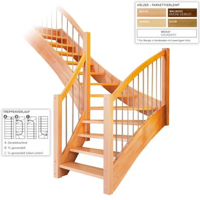 Dolle Geschosstreppe Orly 1/4-gewendelt 234-260cm GH mit Edelstahlgelaender Eiche we