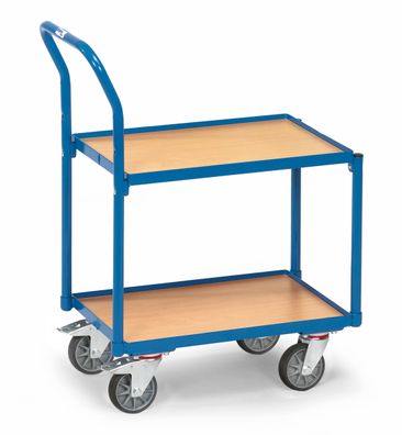 Fetra Etagen-Roller mit 2 Boeden aus Holz, mit 15 mm Rand und Rohrschiebebuegel