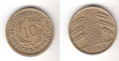 10 Pfennig Messing Münze Weimarer Republik 1934 D Jäger 317 (112269)