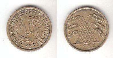 10 Pfennig Messing Münze Weimarer Republik 1934 D Jäger 317 (112756)