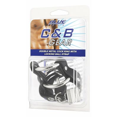 BLUE LINE C&B GEAR Double Metal Cock Ring With Locking Ball Strap