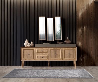 Luxus Anrichte Sideboard Mit 3X Spiegel Holzschrank Kommode Holz Braun