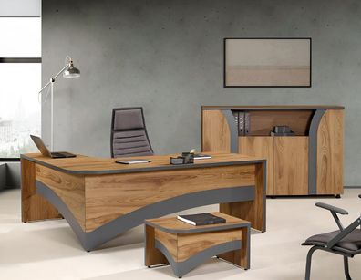 Eckbürotisch Arbeitszimmermöbel Komplettbüro Büro 3Tlg Holz Braun Set