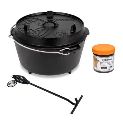 Petromax Feuertopf Dutch Oven Set Pflegepaste Deckelheber FT9 mit Füßen