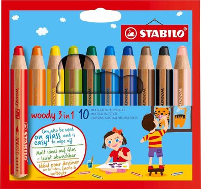 Stabilo woody 3 in 1 Buntstift Wasserfarbe Wachsmalkreide 10er Etui