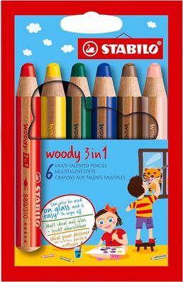 Stabilo woody 3 in 1 Buntstift Wasserfarbe Wachsmalkreide 6er Etui