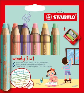 Buntstift Wasserfarbe Wachsmalkreide Stabilo woody 3 in 1 - 6er Etui Pastell