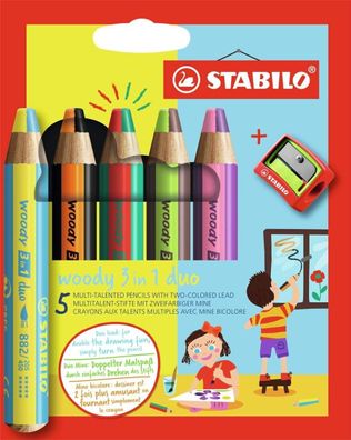 Stabilo woody 3 in 1 Duo Buntstift Wasserfarbe Wachsmalkreide 5er Etui Spitzer