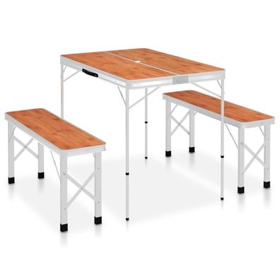 vidaXL Klappbarer Campingtisch mit 2 Sitzbänken Aluminium Braun