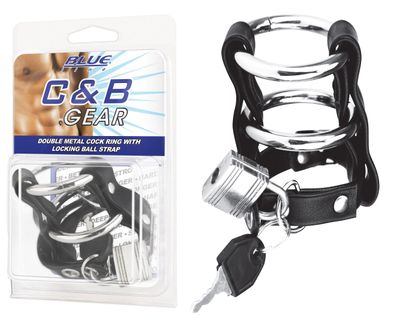 BLUE LINE C&B GEAR Double Metal Cock Ring With Locking Ball Strap