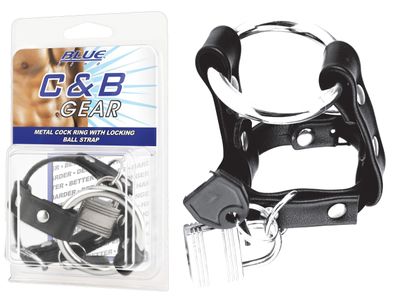 BLUE LINE C&B GEAR Metal Cock Ring With Locking Ball Strap