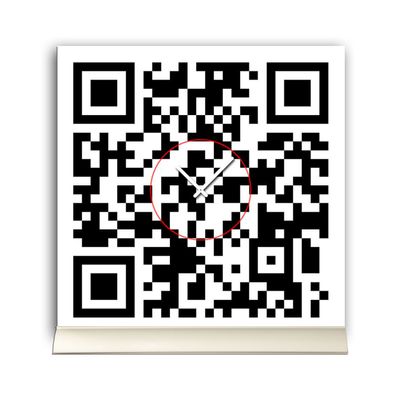 Tischuhr 30cmx30cm inkl. Alu-Ständer -modernes Design QR-Code schwarz weiß geräu