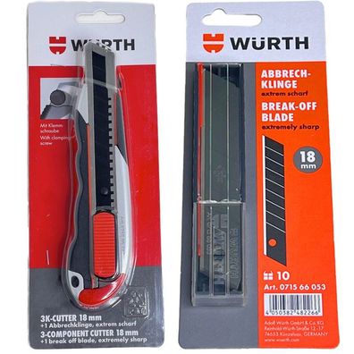 Würth 3K Cuttermesser 18mm + 11 Klingen extrem scharf Teppichmesser 071566277