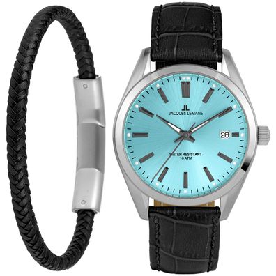 Jacques Lemans Geschenkset Herrenuhr und Armband Derby Türkis 1-2143E-SET