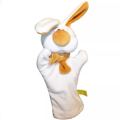 Handpuppe Hase Osterhase weiß mit Rucksack von Herczog Babstudio