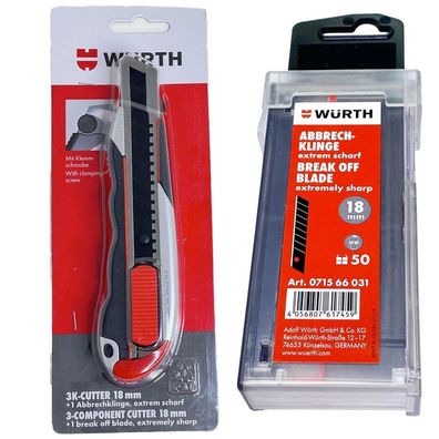 Würth 3K Cuttermesser 18mm + 51 Klingen extrem scharf Teppichmesser 071566277