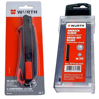 Würth 2K Cuttermesser 18mm + 53 Klingen extrem scharf Teppichmesser 071566275