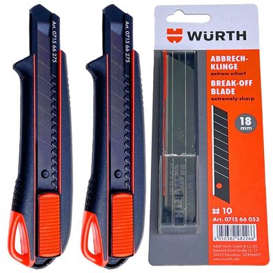 2x Würth Cuttermesser 18mm 2K-Griff inkl 16 Abbrechklingen schwarz extrem scharf