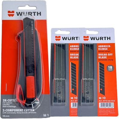 Würth 2K Cuttermesser 18mm + 23 Klingen extrem scharf Teppichmesser 071566275