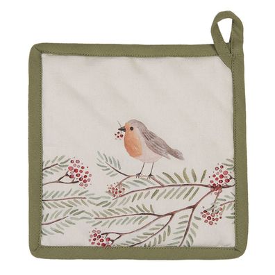 Clayre & Eef Topflappen 20x20 cm Beige Grün Baumwolle Vogel (Gr. 20x20 cm)