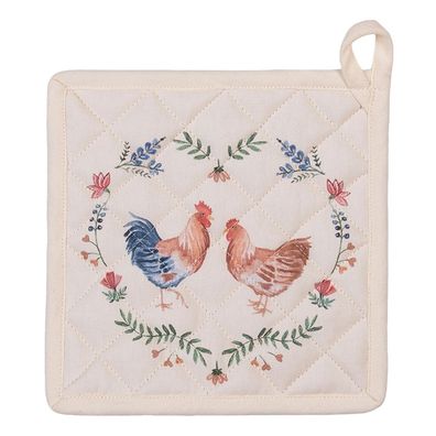 Clayre & Eef Topflappen 20x20 cm Beige Blau Baumwolle Quadrat Huhn und Hahn