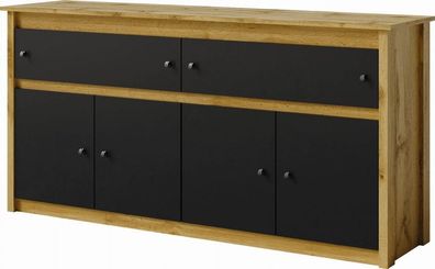 Kommode LUNA LN6 Sideboard 167x82x42 cm 4 Türen 2 Schubladen Wotan Eiche/ Schwarz