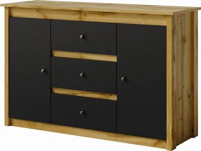 Kommode LUNA LN7 Sideboard 167x82x42 cm 2 Türen 3 Schubladen Wotan Eiche/ Schwarz