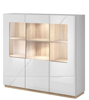 Kommode Futura FU-06 Highboard Hochschrank Anrichte, Vitrinenschrank 3 Türen LED