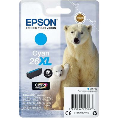 Epson Ink No 26XL Epson26XL Epson 26XL Cyan 9,7ml (Blister) (C13T26324012)