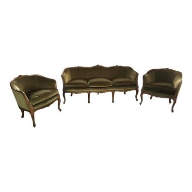 Mid 20th Century Italian Style Armchairs and Sofa in Walnut Wood Carved - 3 Pieces