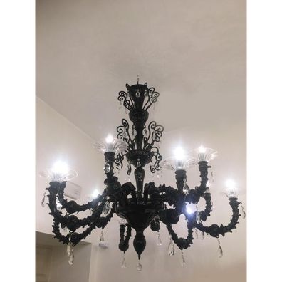 Contemporary Venetian Black Cà Rezzonico Murano Glass Chandelier With Crystals