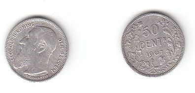 50 Cent. Silber Münze Belgien König Leopold II 1907 (112682)