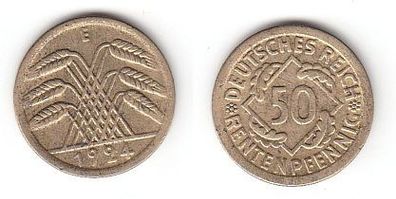 50 Rentenpfennig Messing Münze Deutsches Reich 1924 E, Jäger 310 (112823)