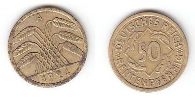 50 Rentenpfennig Messing Münze Deutsches Reich 1924 A, Jäger 310 (113008)