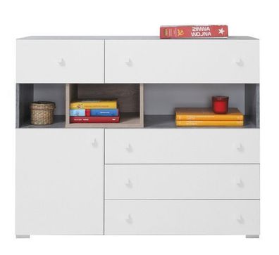 Kommode Sideboard Sigma SI - 12 mit 5 Schubladen und 1 Tür (Beton/ Weiß Lux/ Eiche)