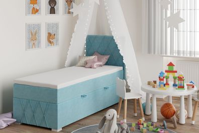 FURNIX Boxspringbett für Kinder 80x200 cm mit Bettkasten Polsterbett Topper ROY