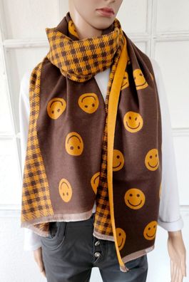 XXL Winter Wendeschal Tuch soft Viskose Wolle Smileyprint/Hahnentritt Braun/Gelb