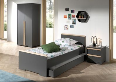 Vipack: Artikelset "LONDON" 4-Teilig- Kinderzimmerset mit Bett-Anthrazit / Buche