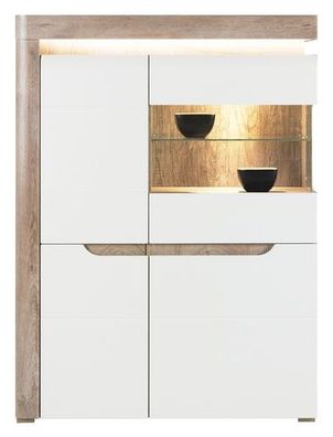 Vitrine Irma IM5 Vitrinenschrank Highboard Led Beleuchtung (Eiche/ Weiß Hochglanz)