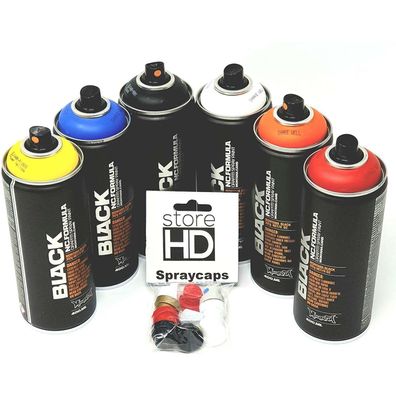 Montana Black Sprühdosen Set, 6 Wildstyle Farben + 10 Ersatzsprühköpfe - 6 x 400ml