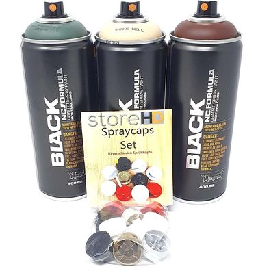 Montana Black Sprühdosen Set, Camouflage - Tarnfarben + 10 Ersatzsprühköpfe - 3 x