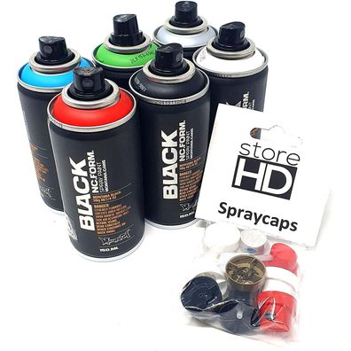 Montana Black Sprühdosen Set, Pocket Cans in 6 Farben + 10 Ersatzsprühköpfe - 6 x